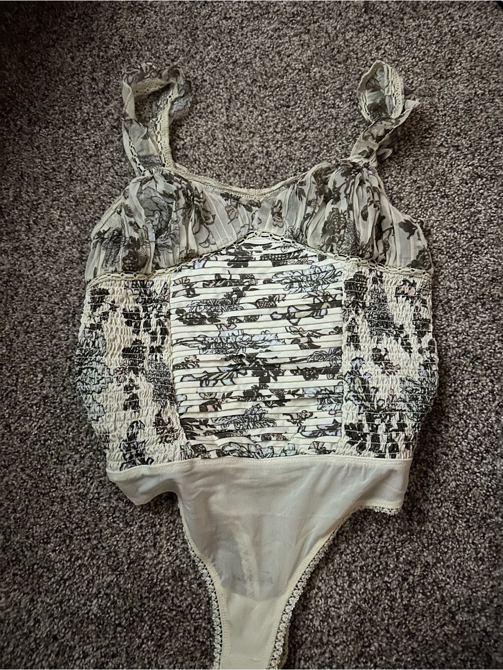 Free People White & Black Floral Smocked Bodysuit
